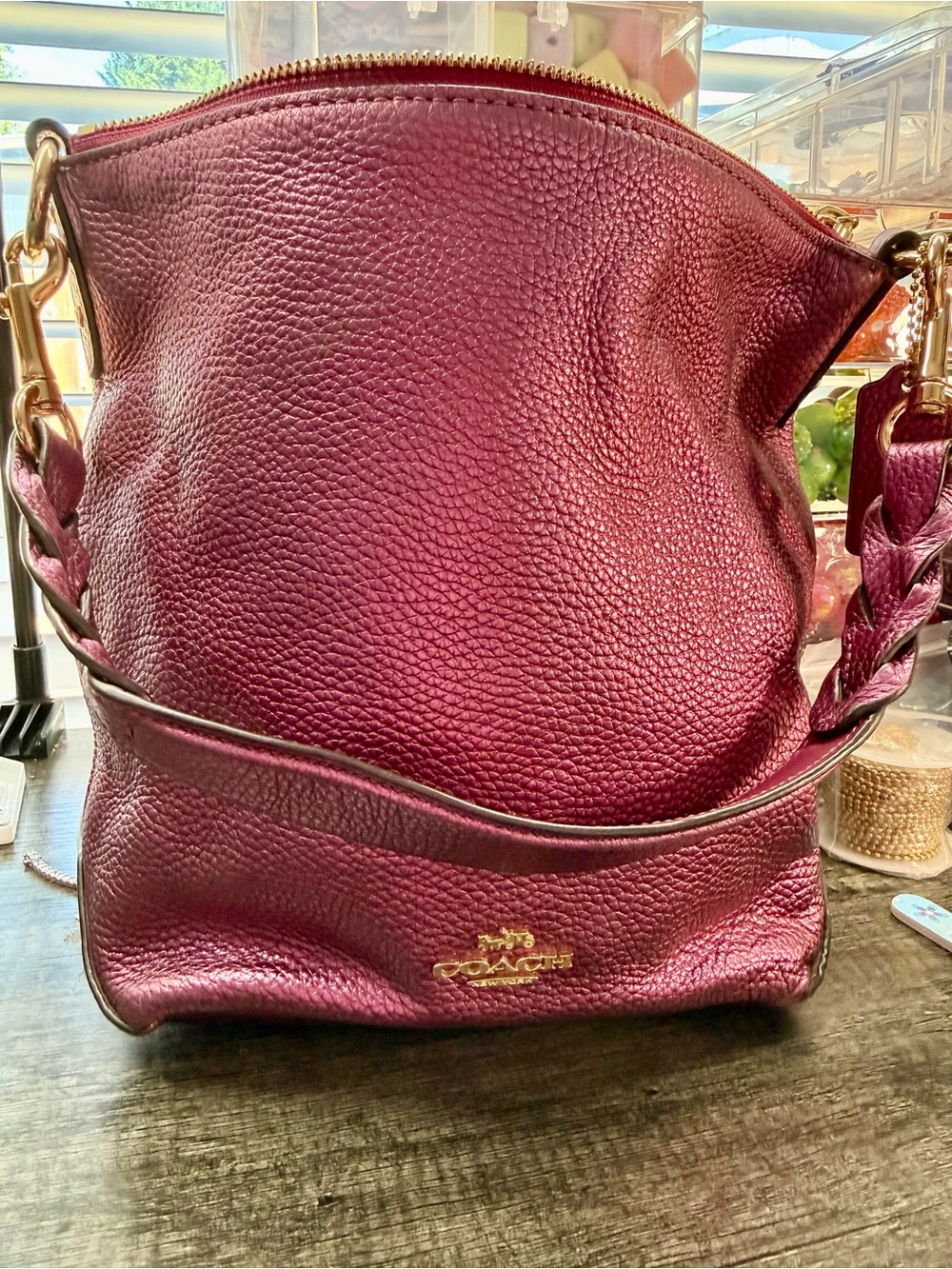 Coach Pebbled Leather Shoulder Bag in Berry